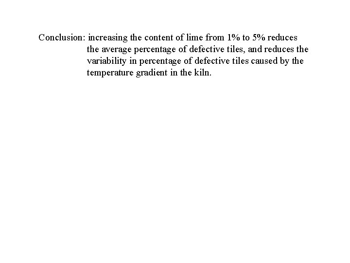 Conclusion: increasing the content of lime from 1% to 5% reduces the average percentage