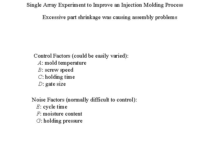 Single Array Experiment to Improve an Injection Molding Process Excessive part shrinkage was causing