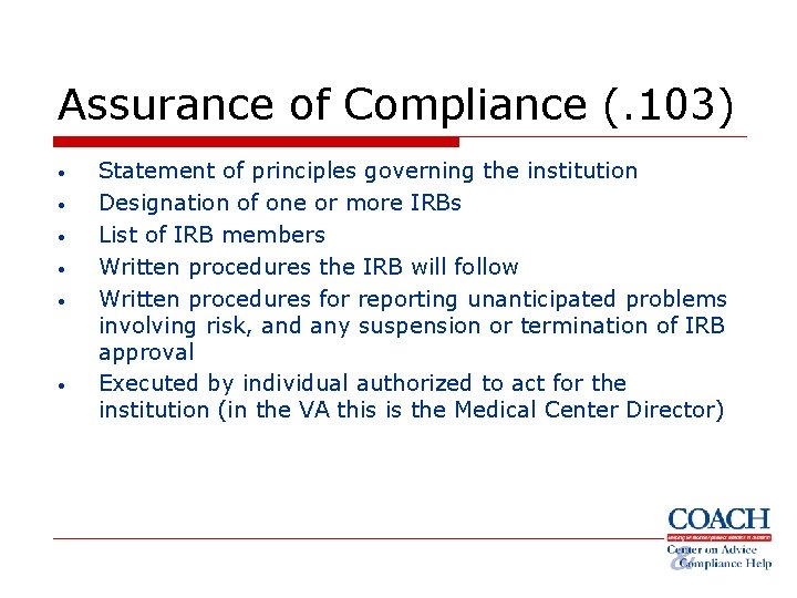 Assurance of Compliance (. 103) • • • Statement of principles governing the institution