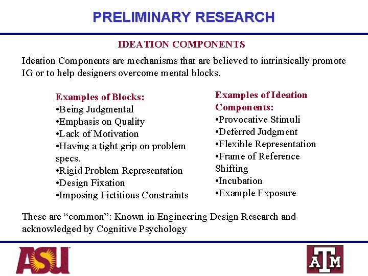 PRELIMINARY RESEARCH IDEATION COMPONENTS Ideation Components are mechanisms that are believed to intrinsically promote