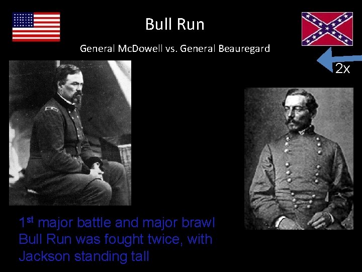 Bull Run General Mc. Dowell vs. General Beauregard 2 x 1 st major battle