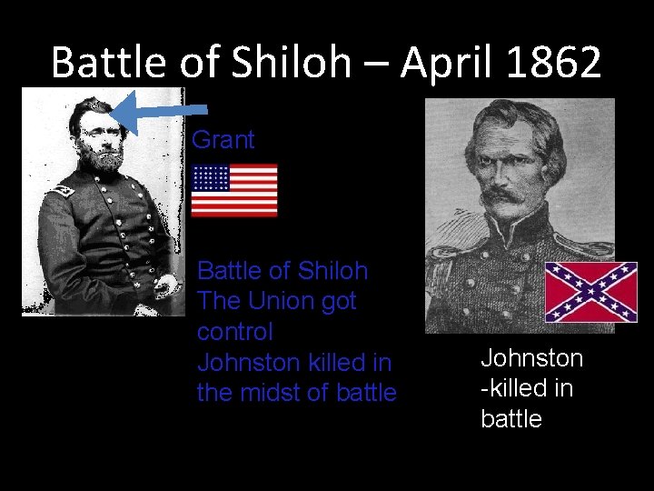 Battle of Shiloh – April 1862 Grant Battle of Shiloh The Union got control