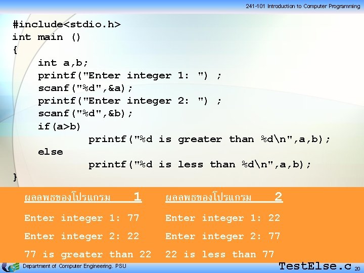 241 -101 Introduction to Computer Programming #include<stdio. h> int main () { int a,