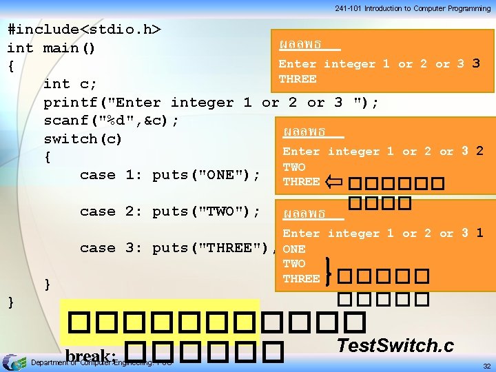 241 -101 Introduction to Computer Programming #include<stdio. h> ผลลพธ int main() Enter integer 1