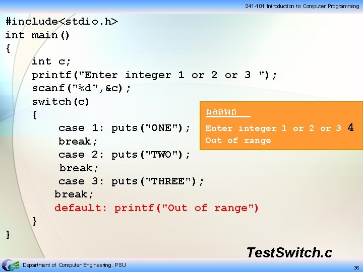 241 -101 Introduction to Computer Programming #include<stdio. h> int main() { int c; printf("Enter