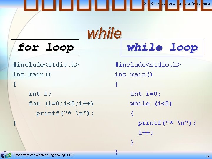 ������ 241 -101 Introduction to Computer Programming for loop while loop #include<stdio. h> int