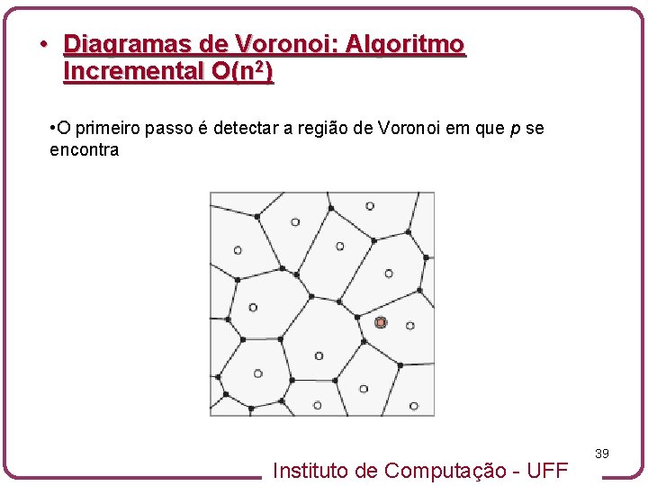  • Diagramas de Voronoi: Algoritmo Incremental O(n 2) • O primeiro passo é