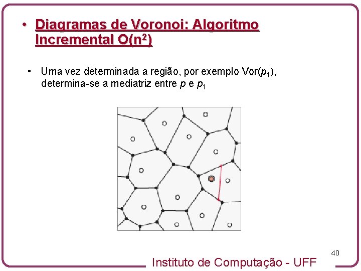  • Diagramas de Voronoi: Algoritmo Incremental O(n 2) • Uma vez determinada a