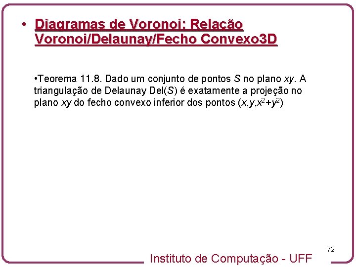  • Diagramas de Voronoi: Relação Voronoi/Delaunay/Fecho Convexo 3 D • Teorema 11. 8.