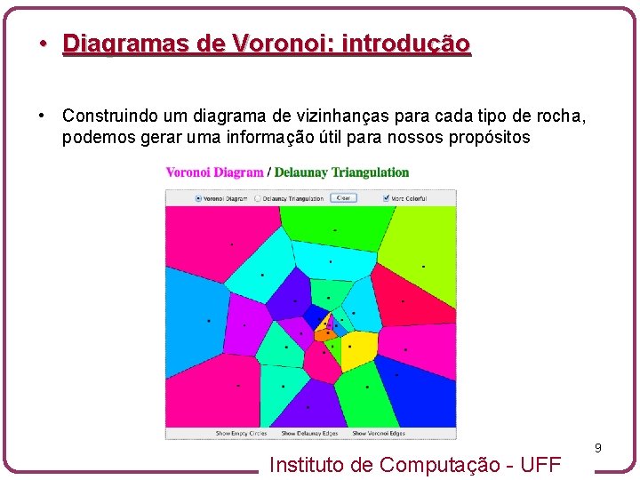  • Diagramas de Voronoi: introdução • Construindo um diagrama de vizinhanças para cada