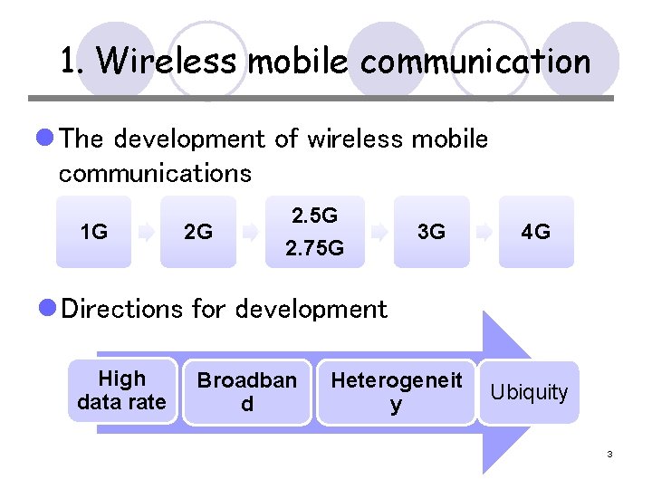 1. Wireless mobile communication l The development of wireless mobile communications 1 G 2