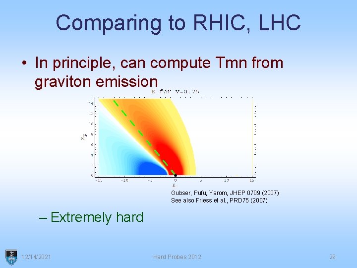 Comparing to RHIC, LHC • In principle, can compute Tmn from graviton emission Gubser,