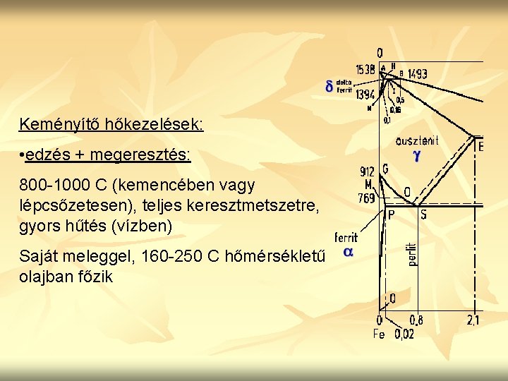 Keményítő hőkezelések: • edzés + megeresztés: 800 -1000 C (kemencében vagy lépcsőzetesen), teljes keresztmetszetre,