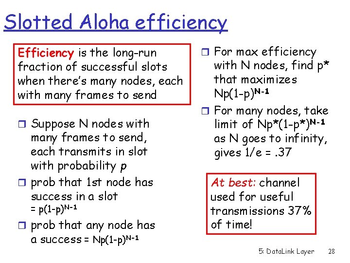 Slotted Aloha efficiency Efficiency is the long-run fraction of successful slots when there’s many