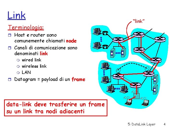 Link Terminologia: “link” r Host e router sono comunemente chiamati node r Canali di
