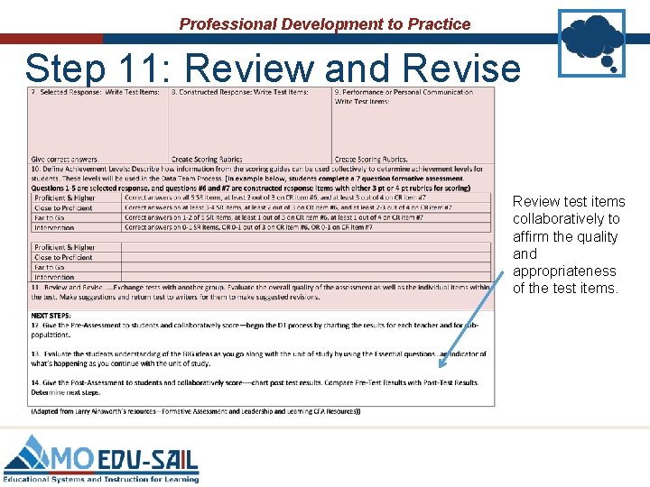 Professional Development to Practice Step 11: Review and Revise Review test items collaboratively to