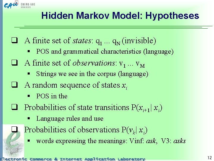 Hidden Markov Model: Hypotheses q A finite set of states: q 1. . .