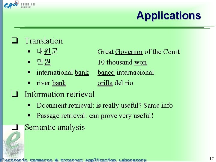 Applications q Translation § § 대원군 만원 international bank river bank Great Governor of