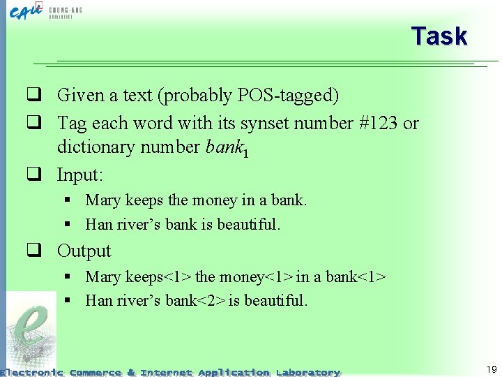 Task q Given a text (probably POS-tagged) q Tag each word with its synset