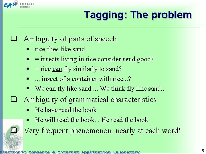 Tagging: The problem q Ambiguity of parts of speech § § § rice flies