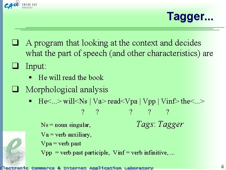 Tagger. . . q A program that looking at the context and decides what