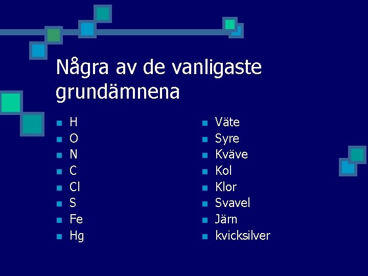 Några av de vanligaste grundämnena n n n n H O N C Cl