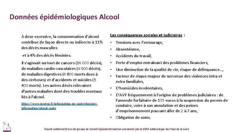 Données épidémiologiques Alcool À dose excessive, la consommation d’alcool contribue de façon directe ou