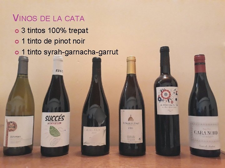 VINOS DE LA CATA 3 tintos 100% trepat 1 tinto de pinot noir 1