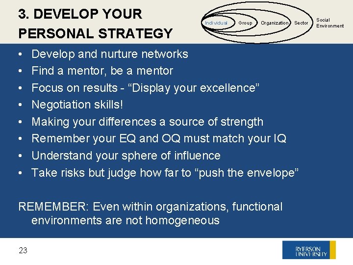 3. DEVELOP YOUR PERSONAL STRATEGY • • Individual Group Organization Develop and nurture networks