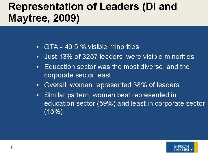 Representation of Leaders (DI and Maytree, 2009) • GTA - 49. 5 % visible