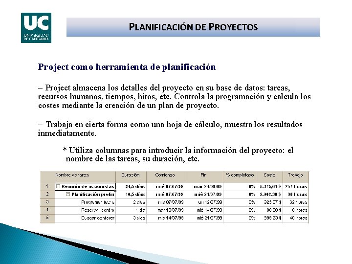 PLANIFICACIÓN DE PROYECTOS Project como herramienta de planificación – Project almacena los detalles del