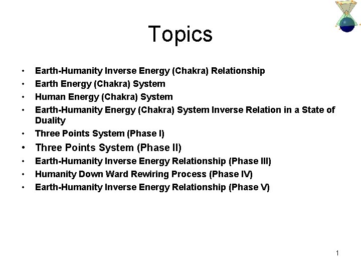 Topics • • • Earth-Humanity Inverse Energy (Chakra) Relationship Earth Energy (Chakra) System Human