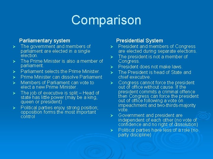 Comparison Parliamentary system Ø Ø Ø Ø The government and members of parliament are
