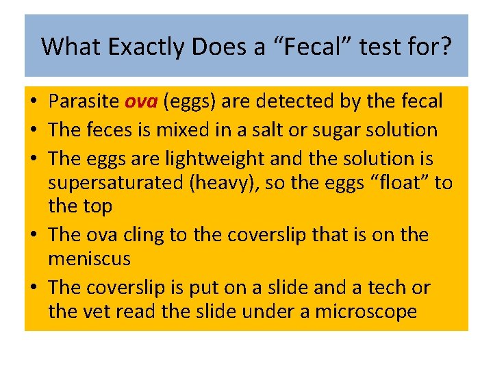 What Exactly Does a “Fecal” test for? • Parasite ova (eggs) are detected by