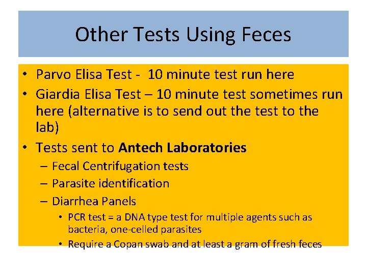 Other Tests Using Feces • Parvo Elisa Test - 10 minute test run here