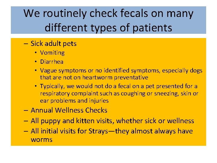 We routinely check fecals on many different types of patients – Sick adult pets