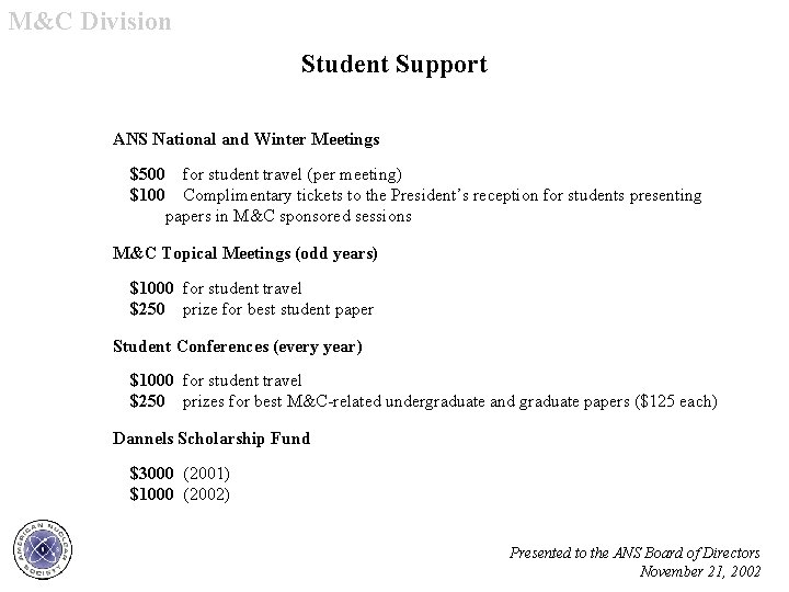 M&C Division Student Support ANS National and Winter Meetings $500 $100 for student travel