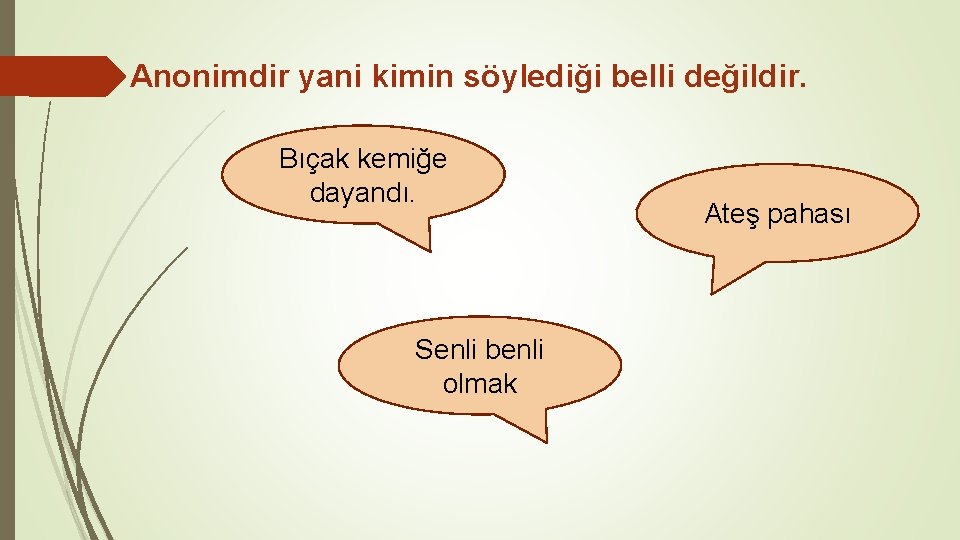 Anonimdir yani kimin söylediği belli değildir. Bıçak kemiğe dayandı. Senli benli olmak Ateş pahası