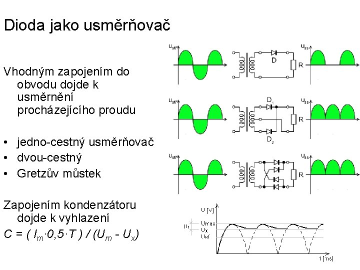 Dioda jako usměrňovač Vhodným zapojením do obvodu dojde k usměrnění procházejícího proudu • jedno-cestný