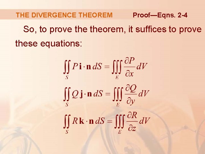 THE DIVERGENCE THEOREM Proof—Eqns. 2 -4 So, to prove theorem, it suffices to prove