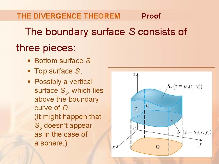THE DIVERGENCE THEOREM Proof The boundary surface S consists of three pieces: § Bottom