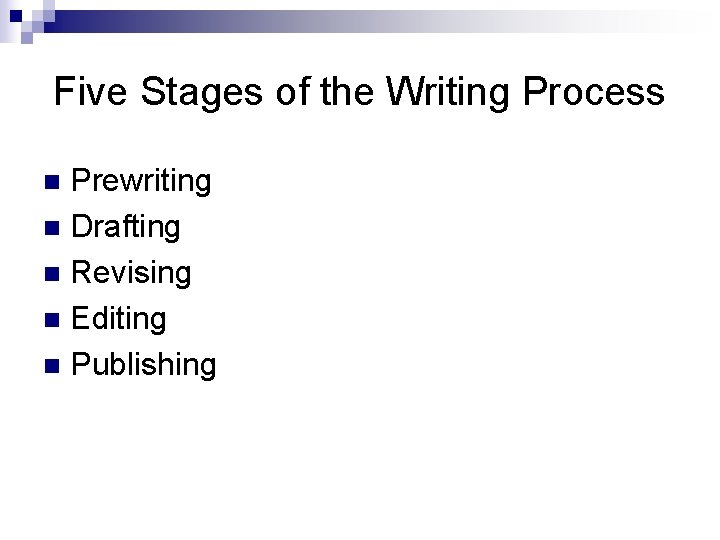 Five Stages of the Writing Process Prewriting n Drafting n Revising n Editing n