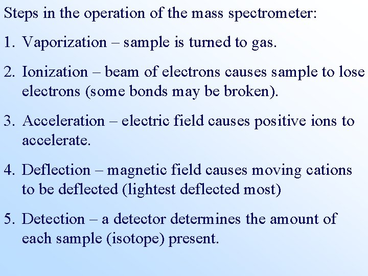 Steps in the operation of the mass spectrometer: 1. Vaporization – sample is turned