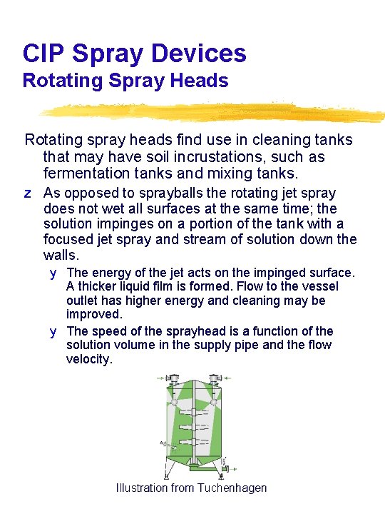 CIP Spray Devices Rotating Spray Heads Rotating spray heads find use in cleaning tanks