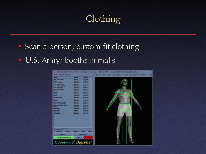 Clothing • Scan a person, custom-fit clothing • U. S. Army; booths in malls