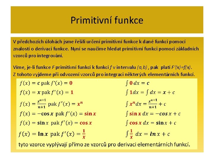 Primitivní funkce V předchozích úlohách jsme řešili určení primitivní funkce k dané funkci pomocí