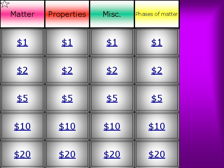 Matter Properties Misc. Phases of matter $1 $1 $2 $2 $5 $5 $10 $10