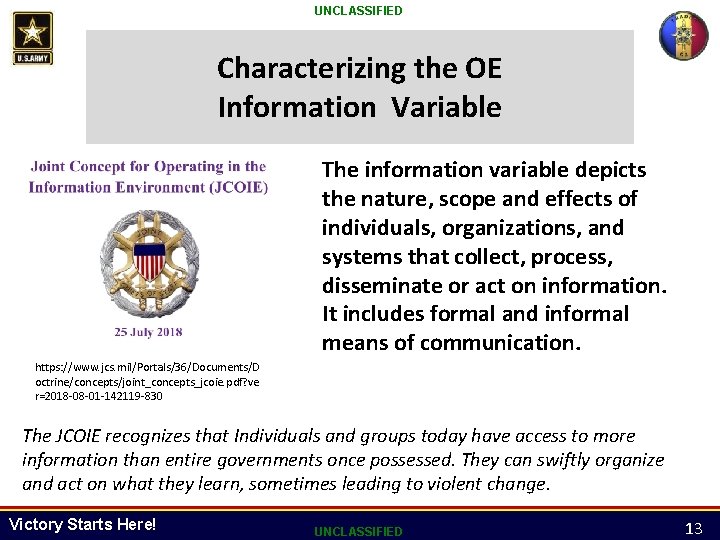 UNCLASSIFIED Characterizing the OE Information Variable The information variable depicts the nature, scope and