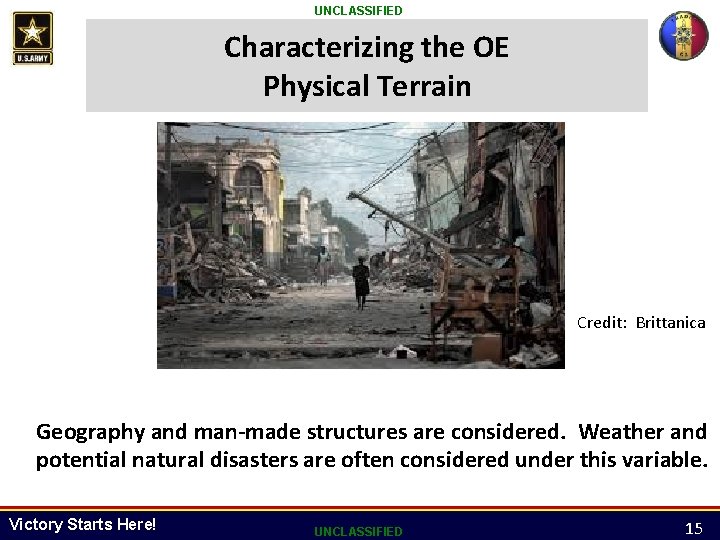 UNCLASSIFIED Characterizing the OE Physical Terrain Credit: Brittanica Geography and man-made structures are considered.