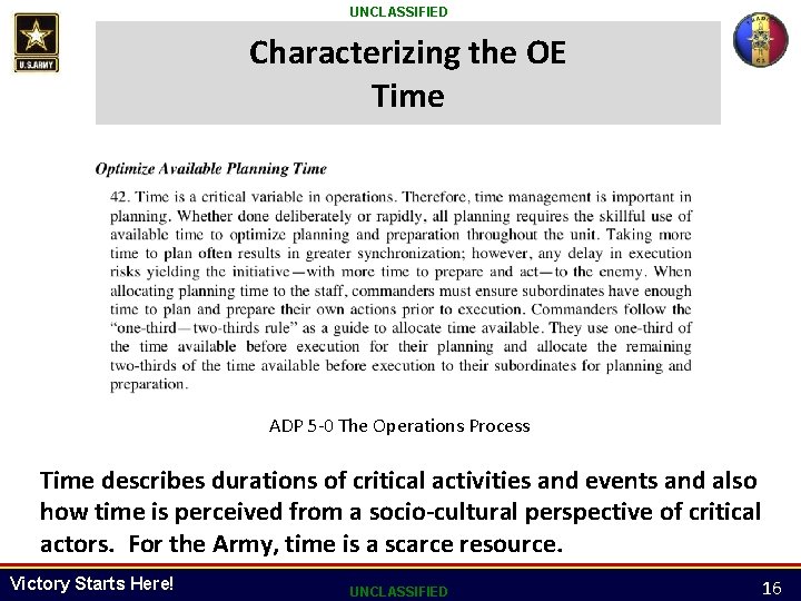 UNCLASSIFIED Characterizing the OE Time ADP 5 -0 The Operations Process Time describes durations